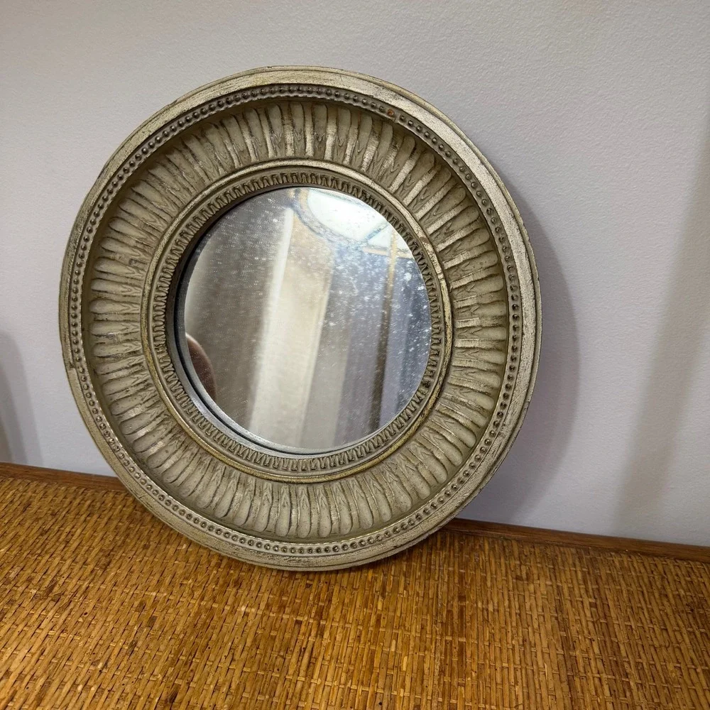 Vintage Sunburst Wall Mirror Cream Gold Ribbed Beaded Round Made in Mexico